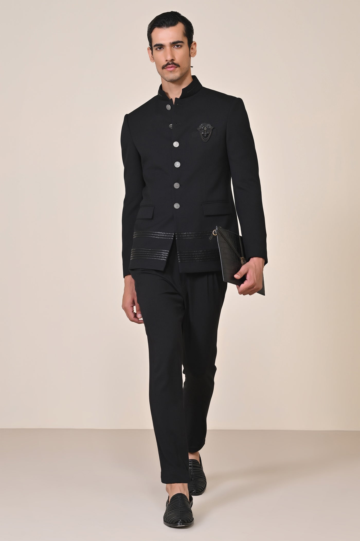 Shantanu & Nikhil Menswear Black Bandhgala with Swarovski Detailing indian designer wear online shopping melange singapore