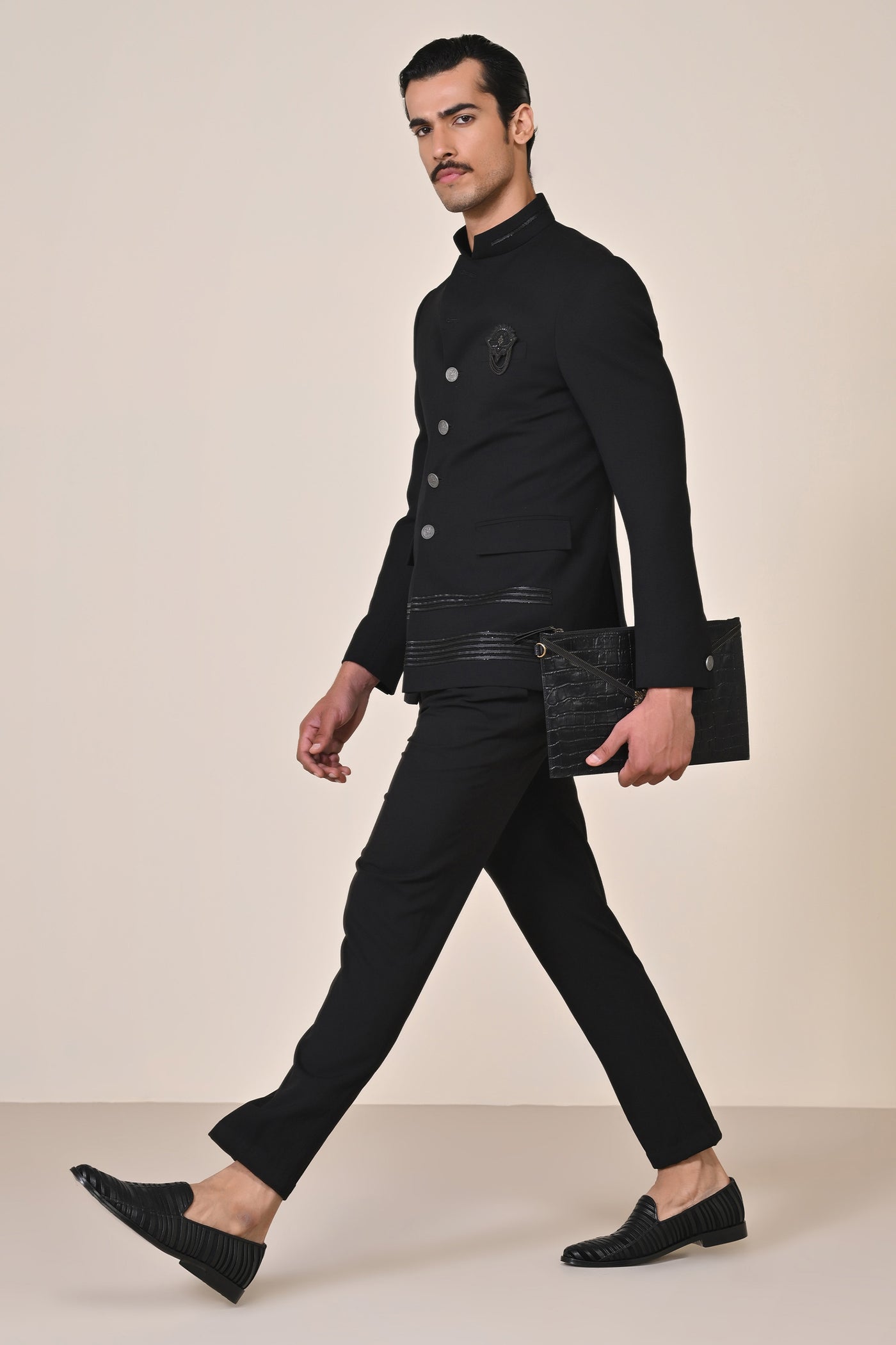 Shantanu & Nikhil Menswear Black Bandhgala with Swarovski Detailing indian designer wear online shopping melange singapore
