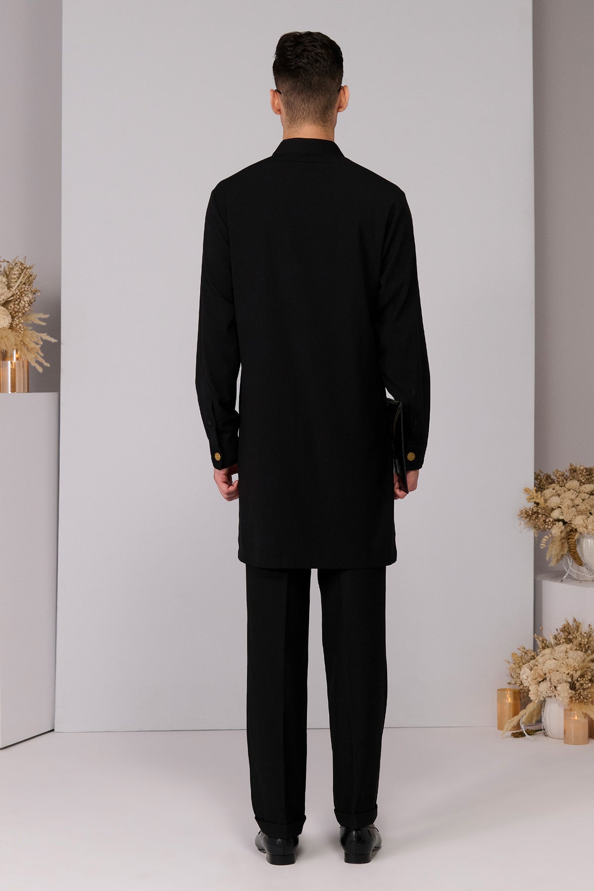 Shantanu & Nikhil Menswear Black Crested Shirt Kurta indian designer wear online shopping melange singapore 