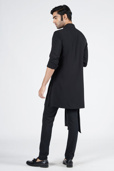 Shantanu & Nikhil Menswear Black Crested Shirt Kurta With Neo-drape indian designer wear online shopping melange singapore