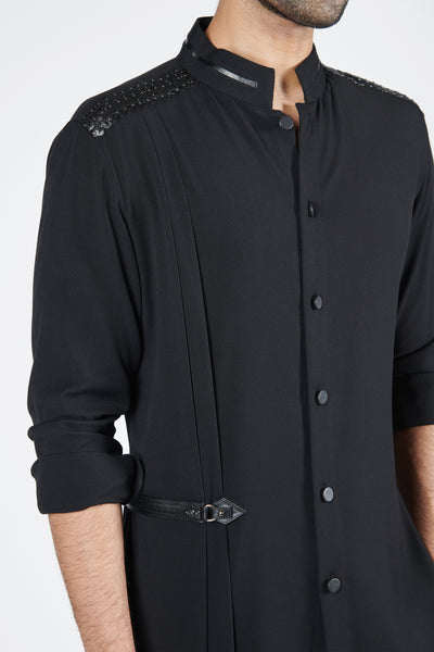 Shantanu & Nikhil Menswear Black Crested Shirt Kurta With Neo-drape indian designer wear online shopping melange singapore