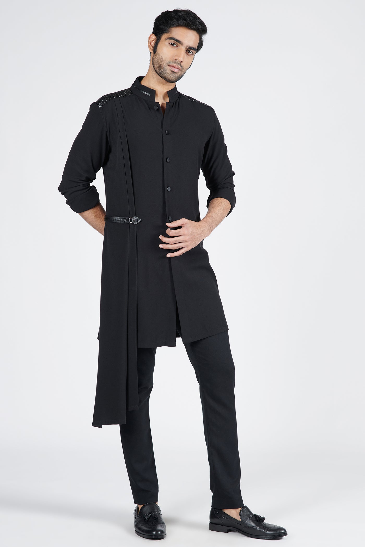 Shantanu & Nikhil Menswear Black Crested Shirt Kurta With Neo-drape indian designer wear online shopping melange singapore