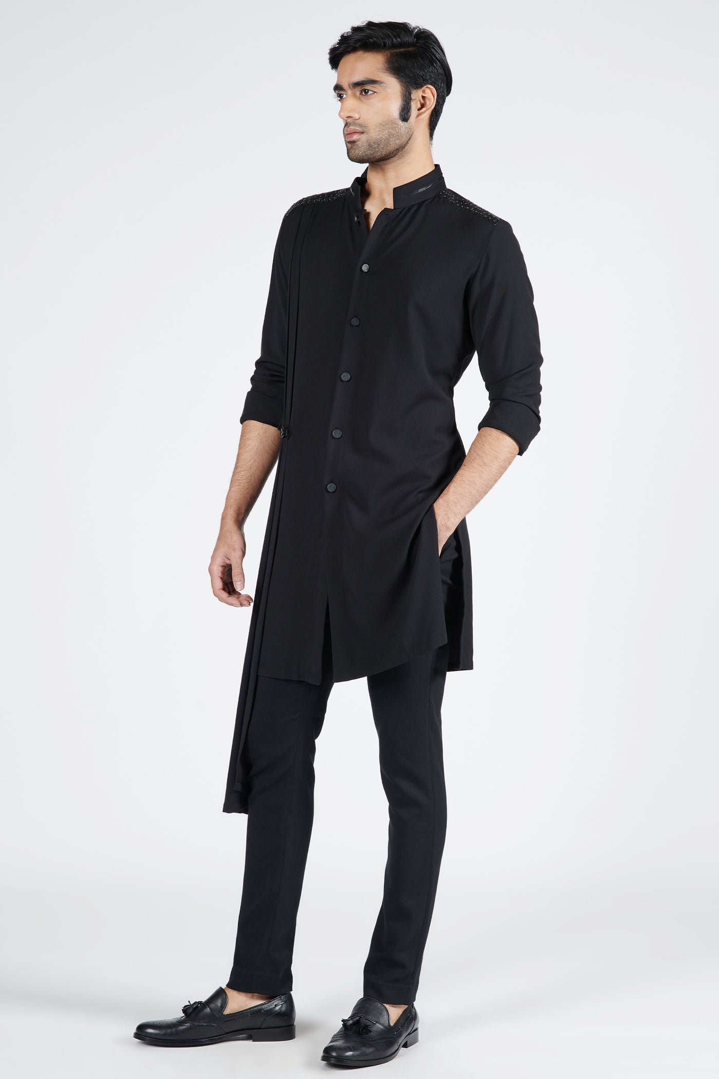 Shantanu & Nikhil Menswear Black Crested Shirt Kurta With Neo-drape indian designer wear online shopping melange singapore