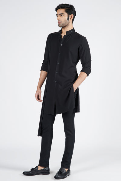Shantanu & Nikhil Menswear Black Crested Shirt Kurta With Neo-drape indian designer wear online shopping melange singapore