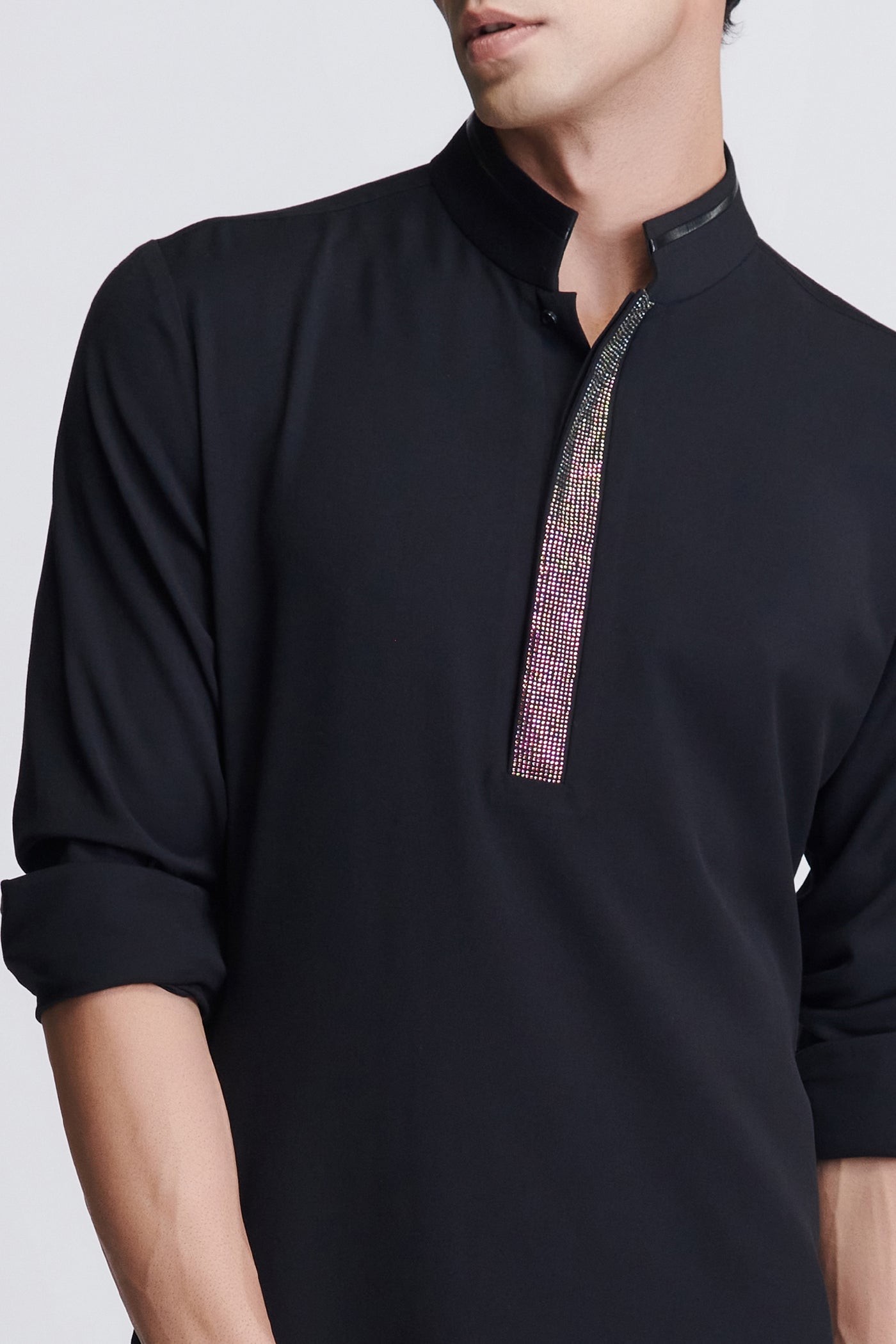 Shantanu & Nikhil Menswear Black Diamante Placket Kurta indian designer wear online shopping melange singapore