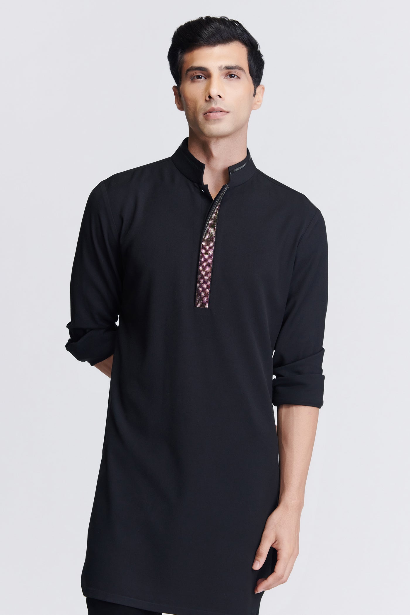 Shantanu & Nikhil Menswear Black Diamante Placket Kurta indian designer wear online shopping melange singapore