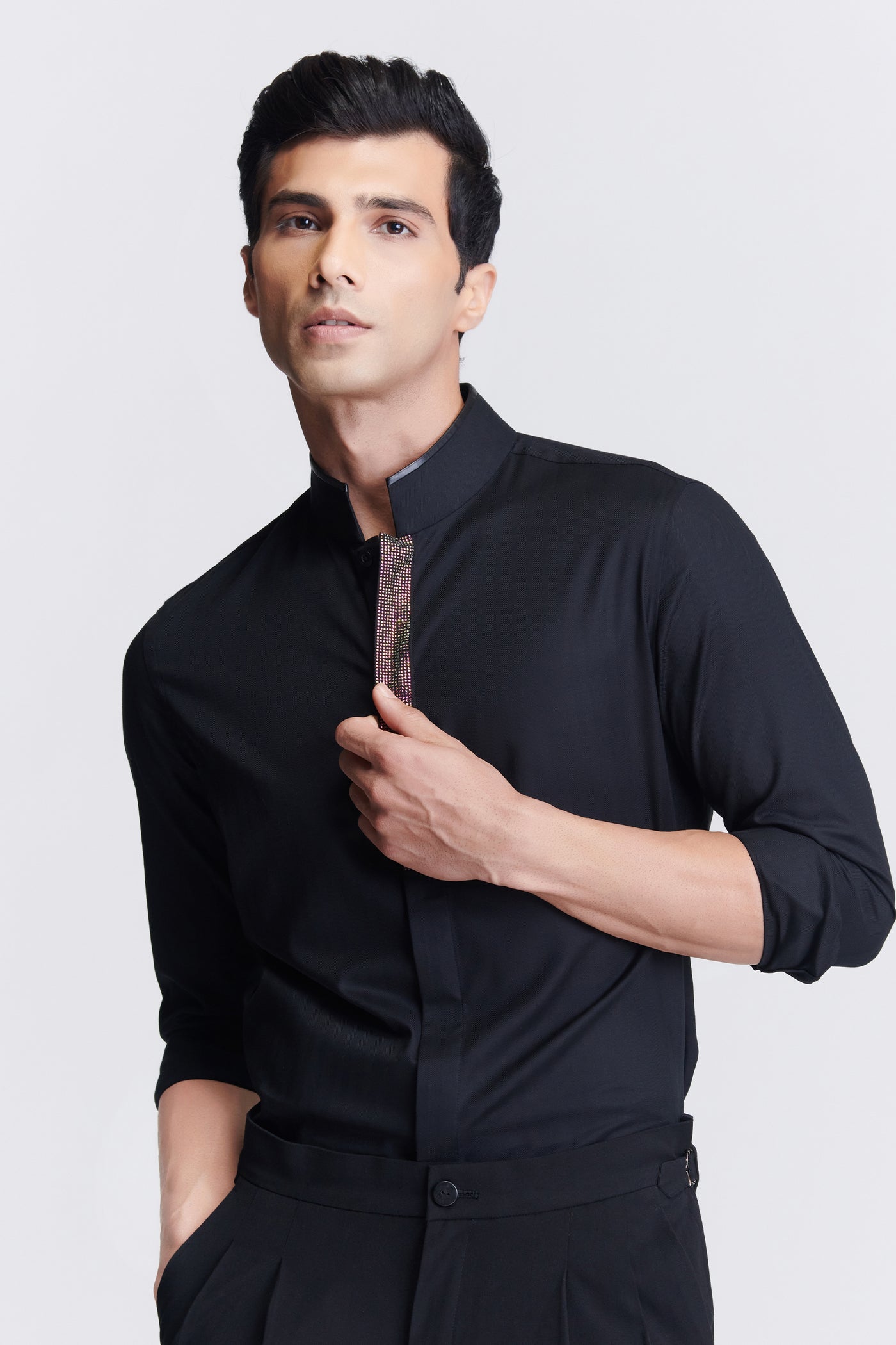 Shantanu & Nikhil Menswear Black Diamante Placket Shirt indian designer wear online shopping melange singapore