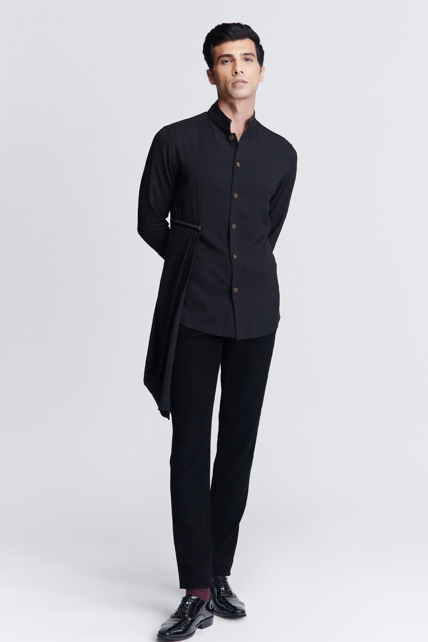 Shantanu & Nikhil Menswear Black Drape Shirt indian designer wear online shopping melange singapore