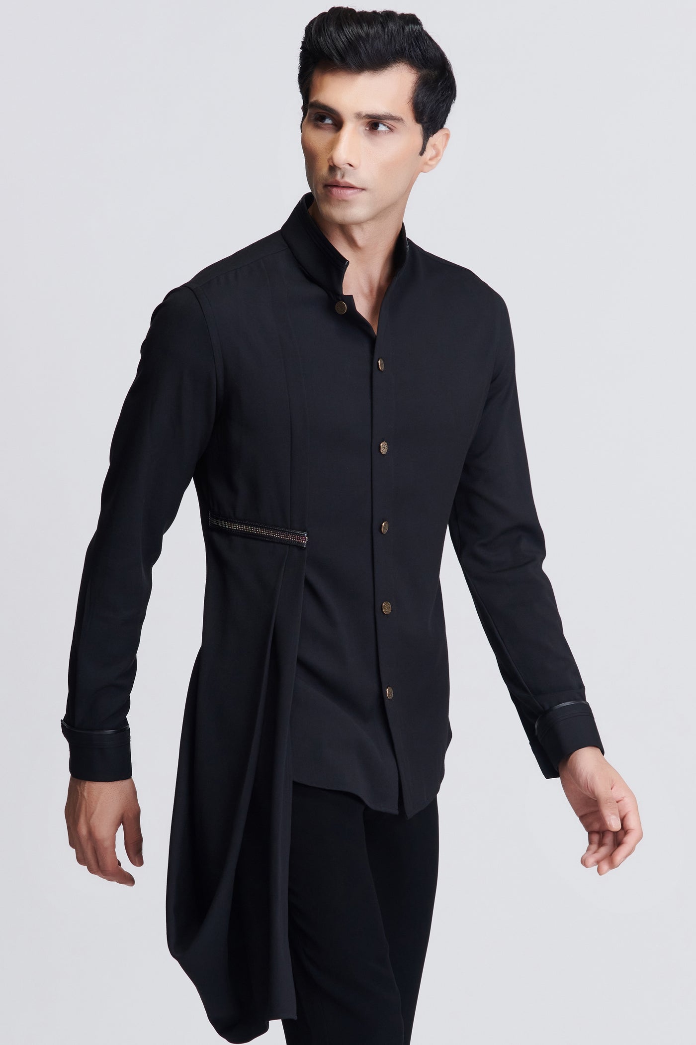 Shantanu & Nikhil Menswear Black Drape Shirt indian designer wear online shopping melange singapore