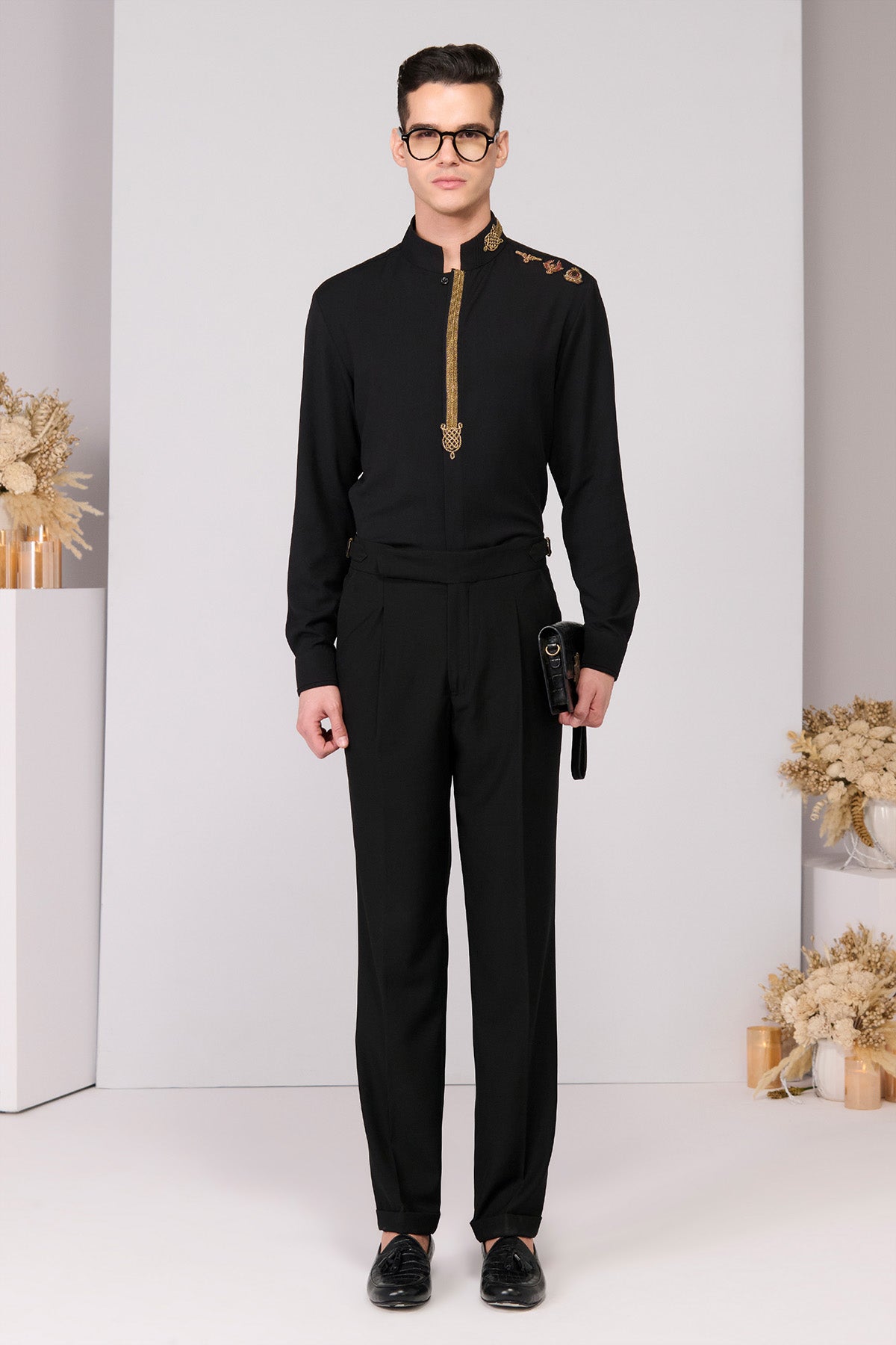 Shantanu & Nikhil Menswear Black Insignia Shirt indian designer wear online shopping melange singapore 