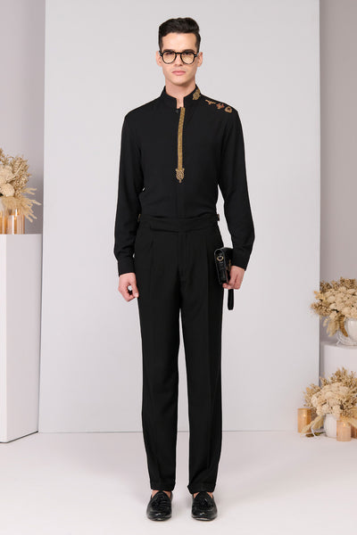 Shantanu & Nikhil Menswear Black Insignia Shirt indian designer wear online shopping melange singapore 