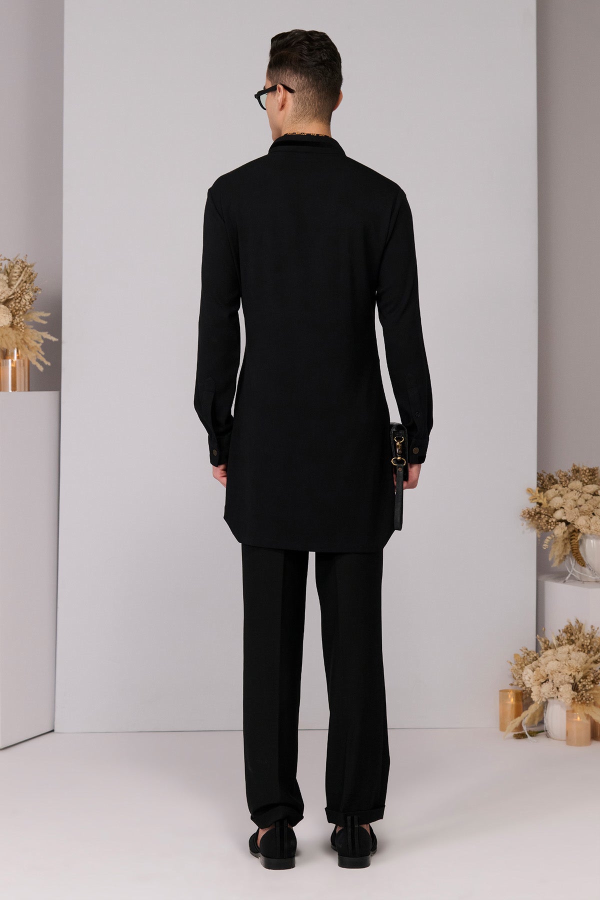 Shantanu & Nikhil Menswear Black Kurta With Velvet Engraved Panel indian designer wear online shopping melange singapore 