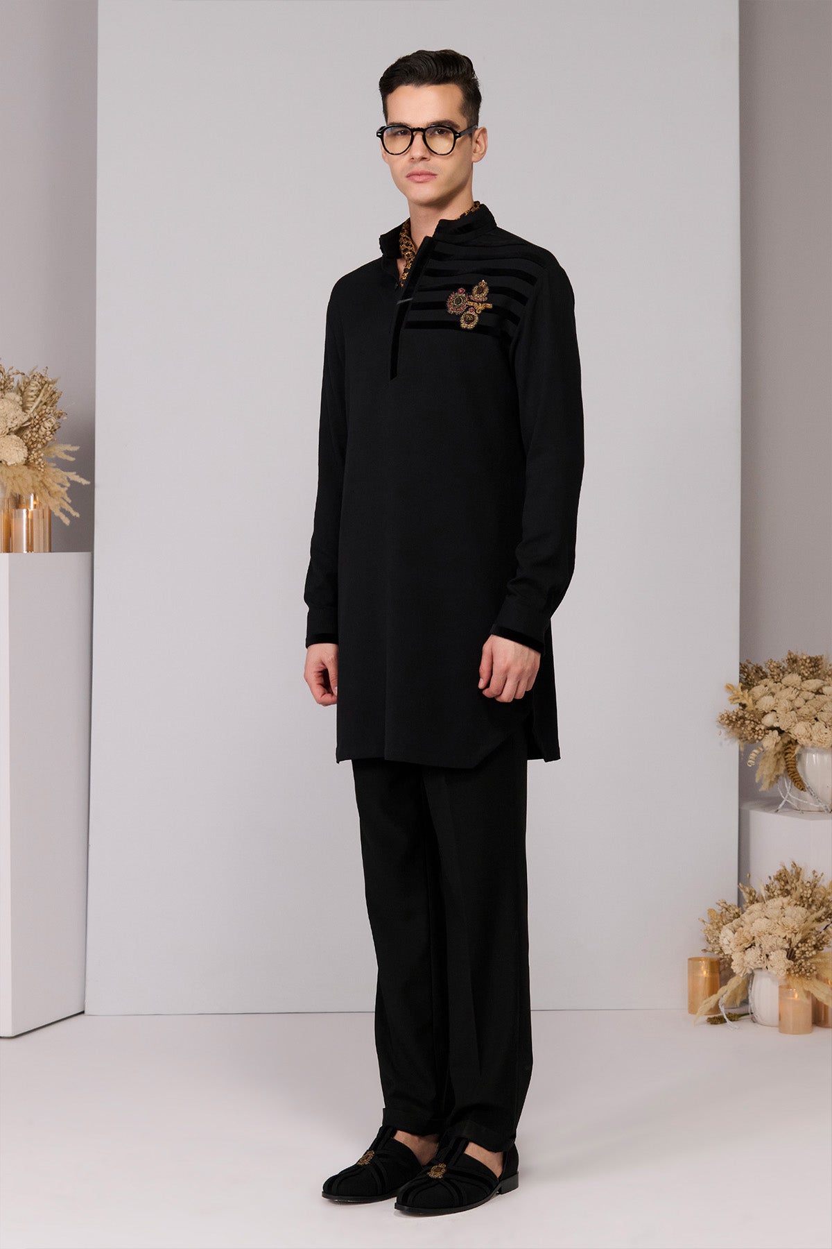 Shantanu & Nikhil Menswear Black Kurta With Velvet Engraved Panel indian designer wear online shopping melange singapore 