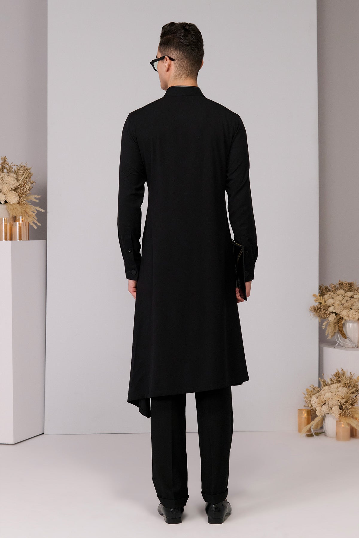 Shantanu & Nikhil Menswear Black Minimalistic Asymmetric Kurta indian designer wear online shopping melange singapore