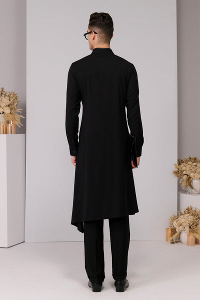 Shantanu & Nikhil Menswear Black Minimalistic Asymmetric Kurta indian designer wear online shopping melange singapore