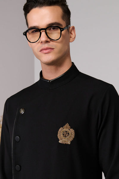 Shantanu & Nikhil Menswear Black Minimalistic Asymmetric Kurta indian designer wear online shopping melange singapore