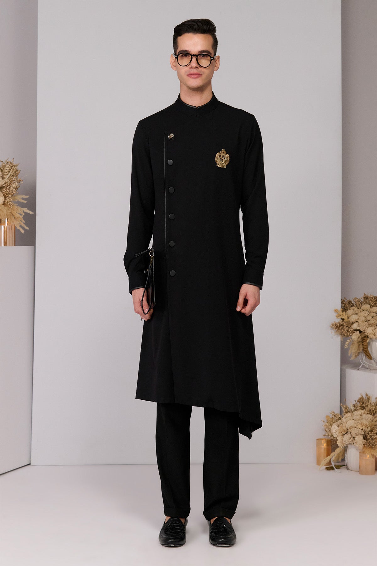 Shantanu & Nikhil Menswear Black Minimalistic Asymmetric Kurta indian designer wear online shopping melange singapore