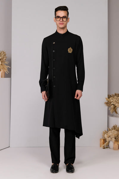Shantanu & Nikhil Menswear Black Minimalistic Asymmetric Kurta indian designer wear online shopping melange singapore