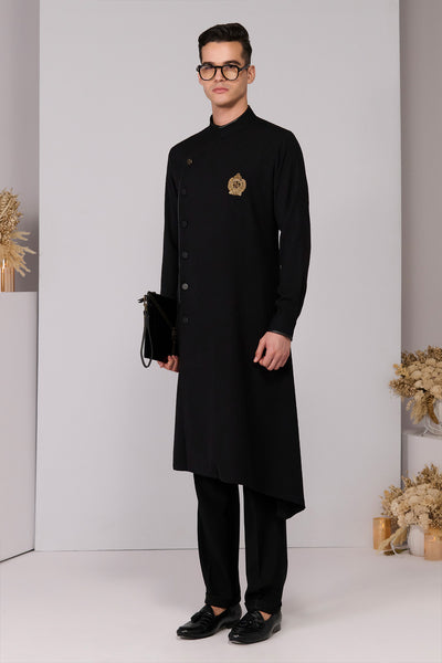 Shantanu & Nikhil Menswear Black Minimalistic Asymmetric Kurta indian designer wear online shopping melange singapore
