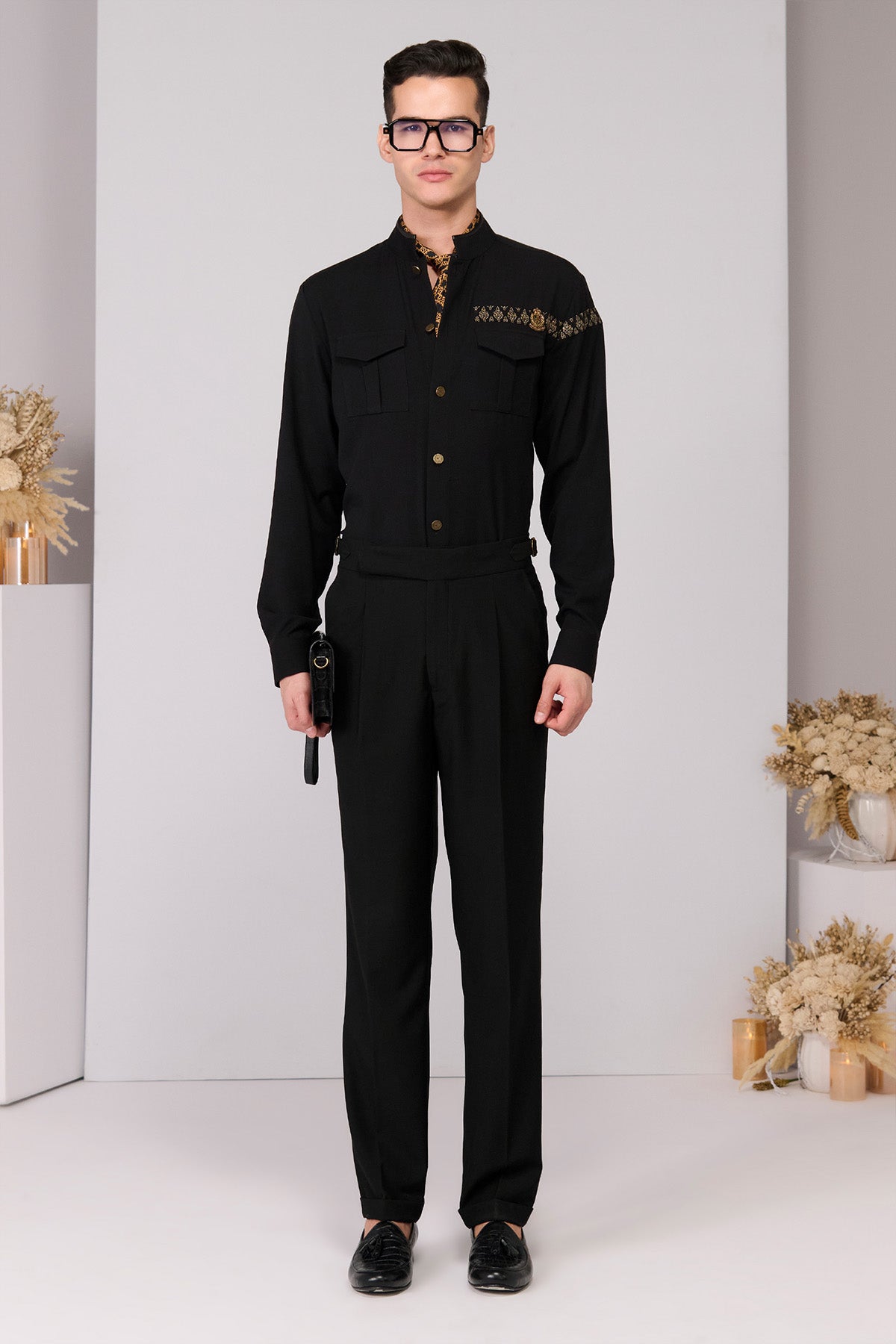 Shantanu & Nikhil Menswear Black Patch Pocket Shirt indian designer wear online shopping melange singapore