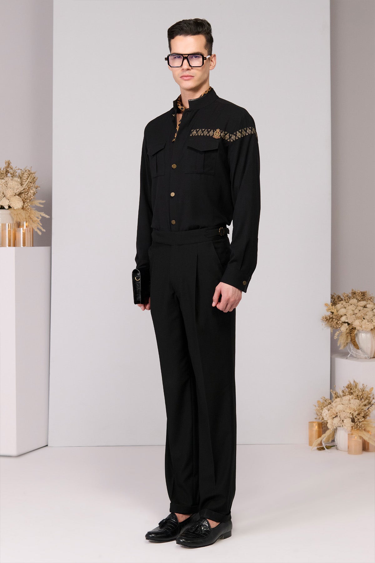 Shantanu & Nikhil Menswear Black Patch Pocket Shirt indian designer wear online shopping melange singapore