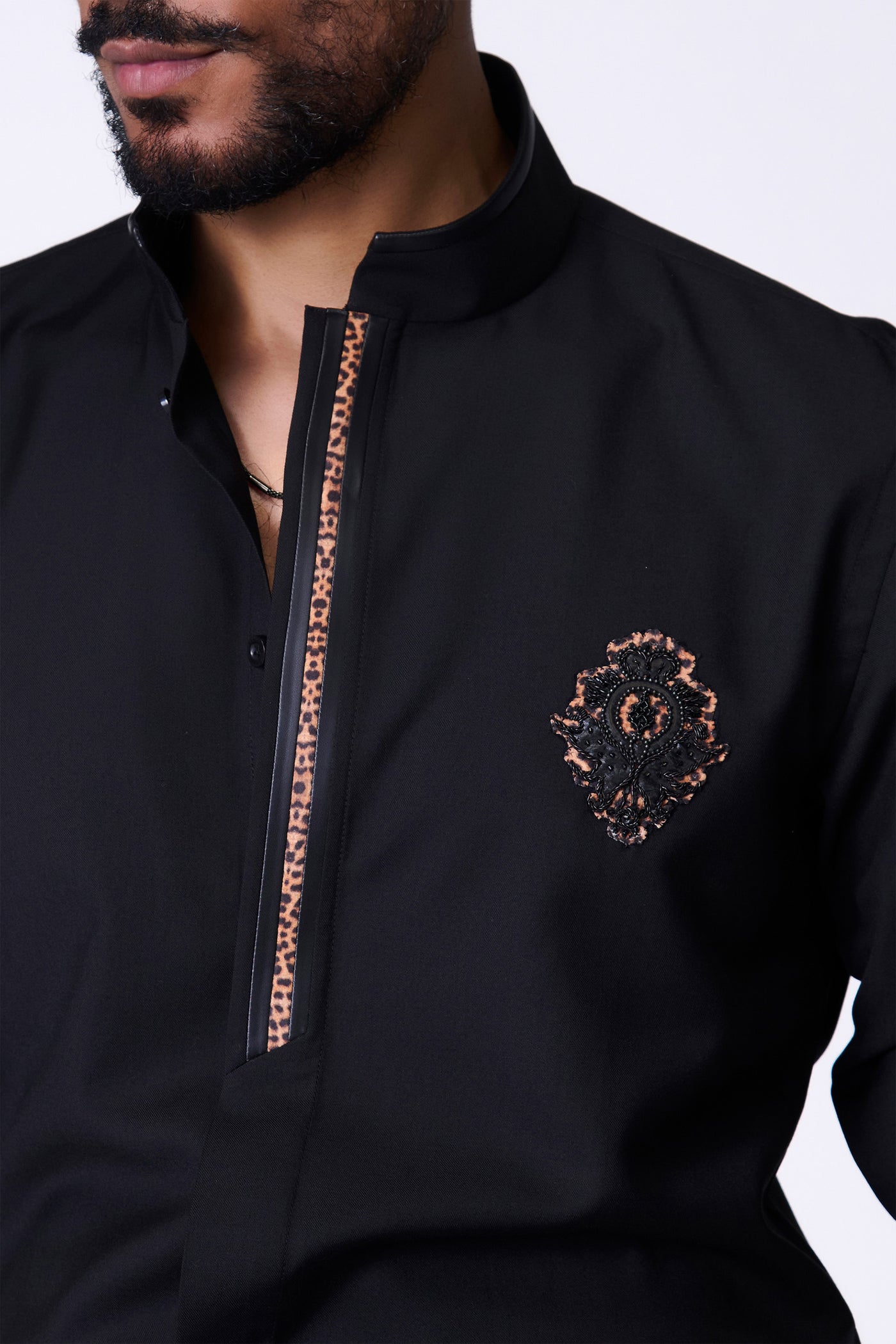 Shantanu & Nikhil Menswear Black Shirt With Leopard-Print Placket indian designer wear online shopping melange singapore
