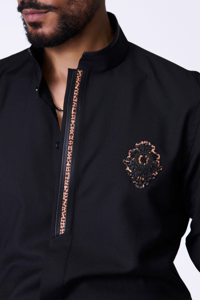 Shantanu & Nikhil Menswear Black Shirt With Leopard-Print Placket indian designer wear online shopping melange singapore
