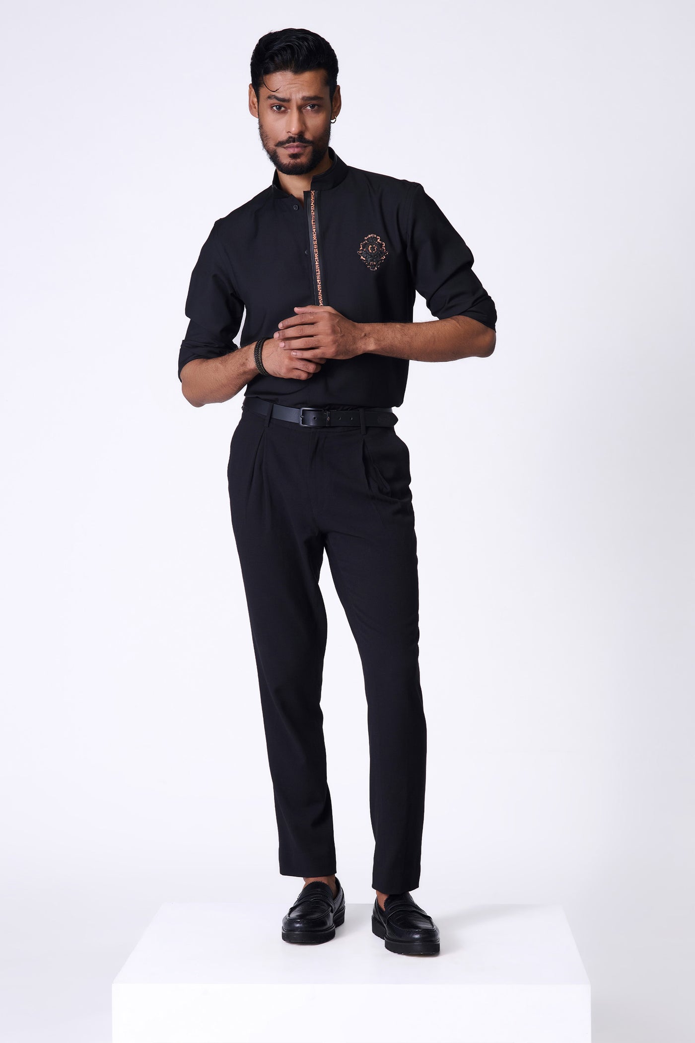 Shantanu & Nikhil Menswear Black Shirt With Leopard-Print Placket indian designer wear online shopping melange singapore
