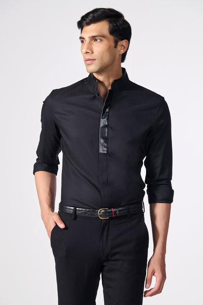 Shantanu & Nikhil Menswear Black Shirt with Vegan Leather Details indian designer wear online shopping melange singapore