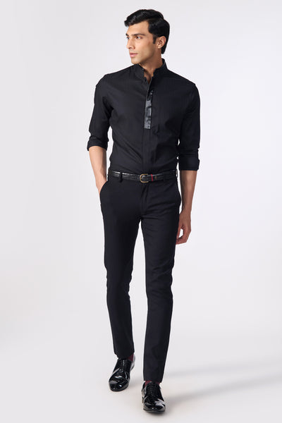 Shantanu & Nikhil Menswear Black Shirt with Vegan Leather Details indian designer wear online shopping melange singapore