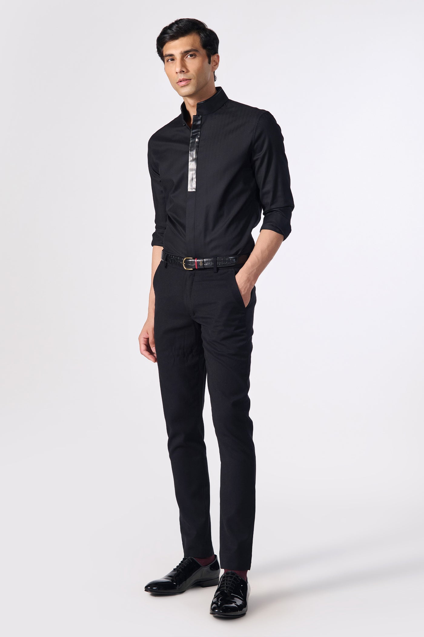 Shantanu & Nikhil Menswear Black Shirt with Vegan Leather Details indian designer wear online shopping melange singapore