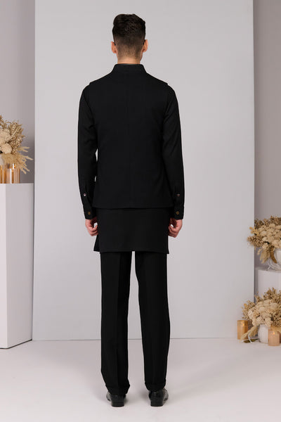 Shantanu & Nikhil Menswear Black Waistcoat With Engraved Embroidered Panel indian designer wear online shopping melange singapore 