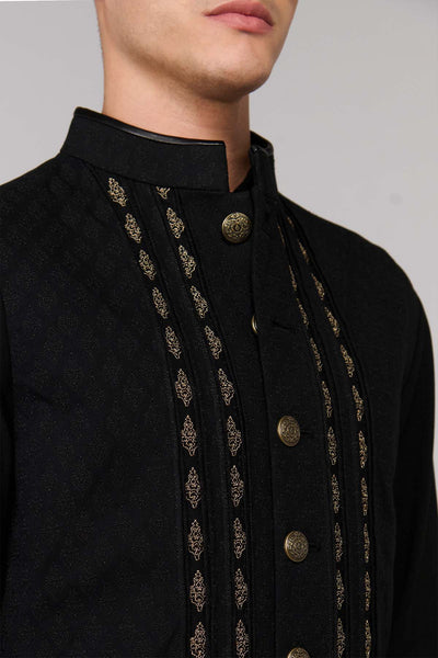 Shantanu & Nikhil Menswear Black Waistcoat With Engraved Embroidered Panel indian designer wear online shopping melange singapore 