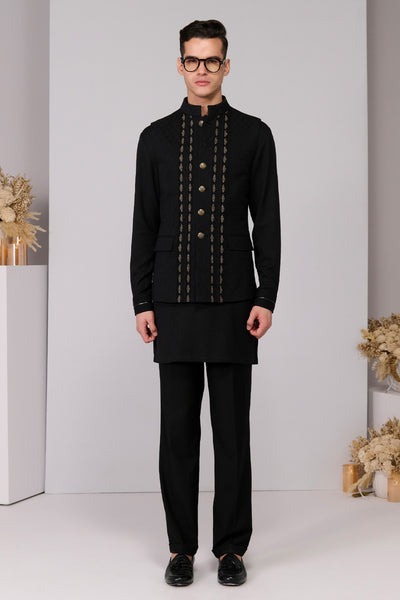 Shantanu & Nikhil Menswear Black Waistcoat With Engraved Embroidered Panel indian designer wear online shopping melange singapore 