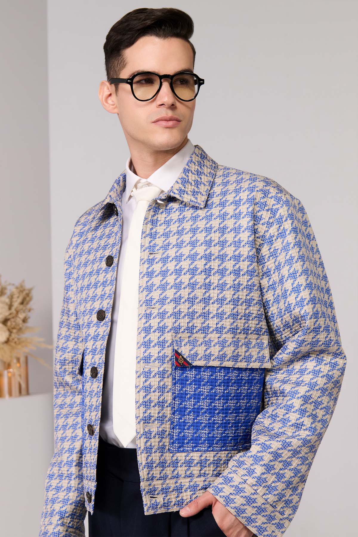 Shantanu & Nikhil Menswear Blue Houndstooth Layering indian designer wear online shopping melange singapore 