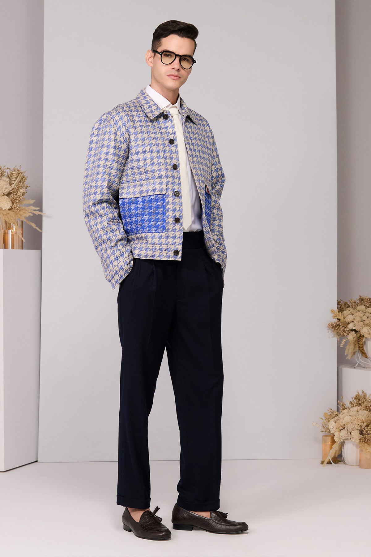Shantanu & Nikhil Menswear Blue Houndstooth Layering indian designer wear online shopping melange singapore 