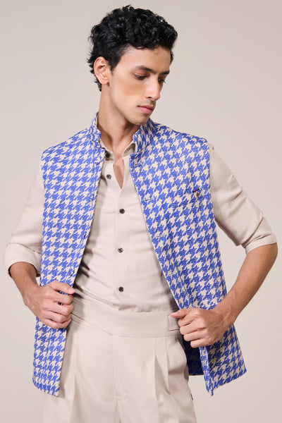 Shantanu & Nikhil Menswear Blue Houndstooth Printed Waistcoat indian designer wear online shopping melange singapore