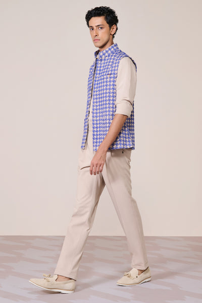 Shantanu & Nikhil Menswear Blue Houndstooth Printed Waistcoat indian designer wear online shopping melange singapore