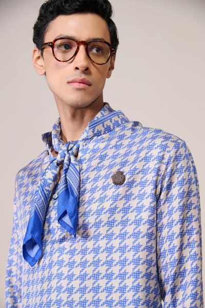 Shantanu & Nikhil Menswear Blue Houndstooth Silk Twill Kurta indian designer wear online shopping melange singapore