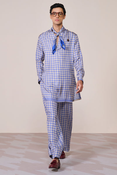 Shantanu & Nikhil Menswear Blue Houndstooth Silk Twill Kurta indian designer wear online shopping melange singapore