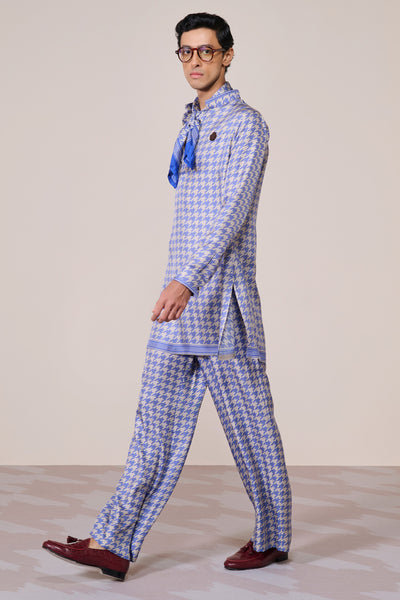 Shantanu & Nikhil Menswear Blue Houndstooth Silk Twill Kurta indian designer wear online shopping melange singapore