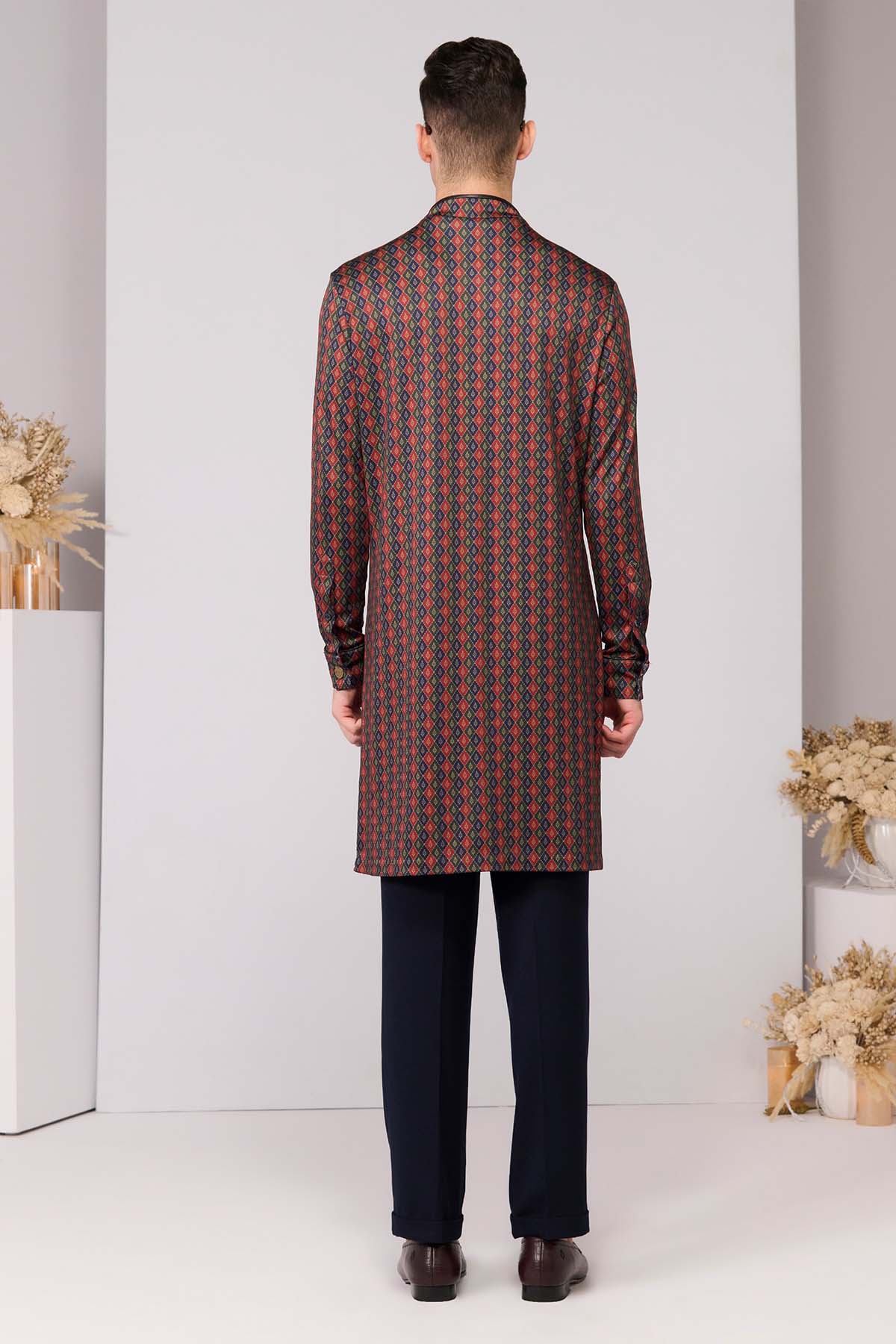 Shantanu & Nikhil Menswear Cherry Crepe Jersey Adamas Printed Kurta indian designer wear online shopping melange singapore 