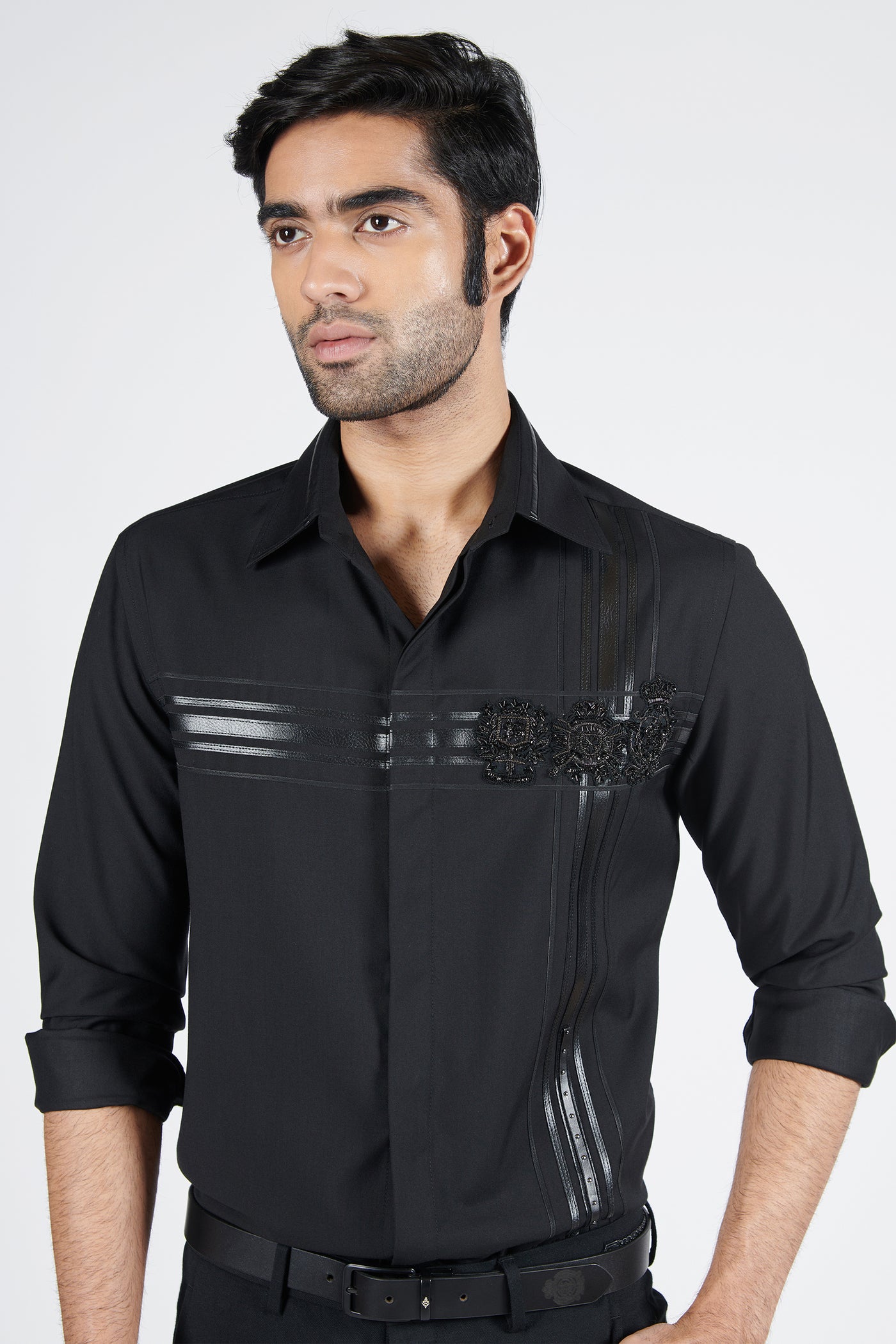 Shantanu & Nikhil Menswear Classic Black Shirt with 3D Crests indian designer wear online shopping melange singapore