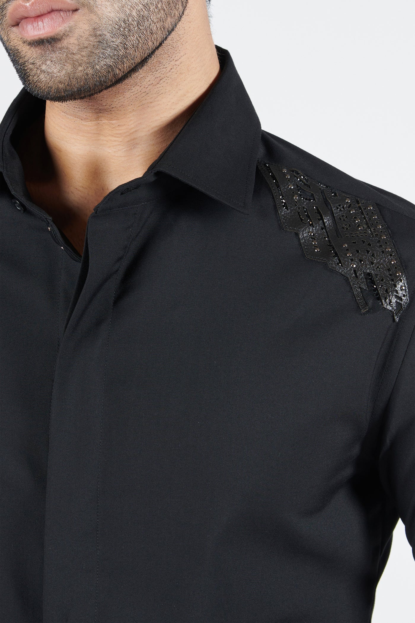 Shantanu & Nikhil Menswear Classic Black Shirt with 3D Patchwork indian designer wear online shopping melange singapore