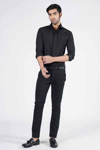 Shantanu & Nikhil Menswear Classic Black Shirt with 3D Patchwork indian designer wear online shopping melange singapore