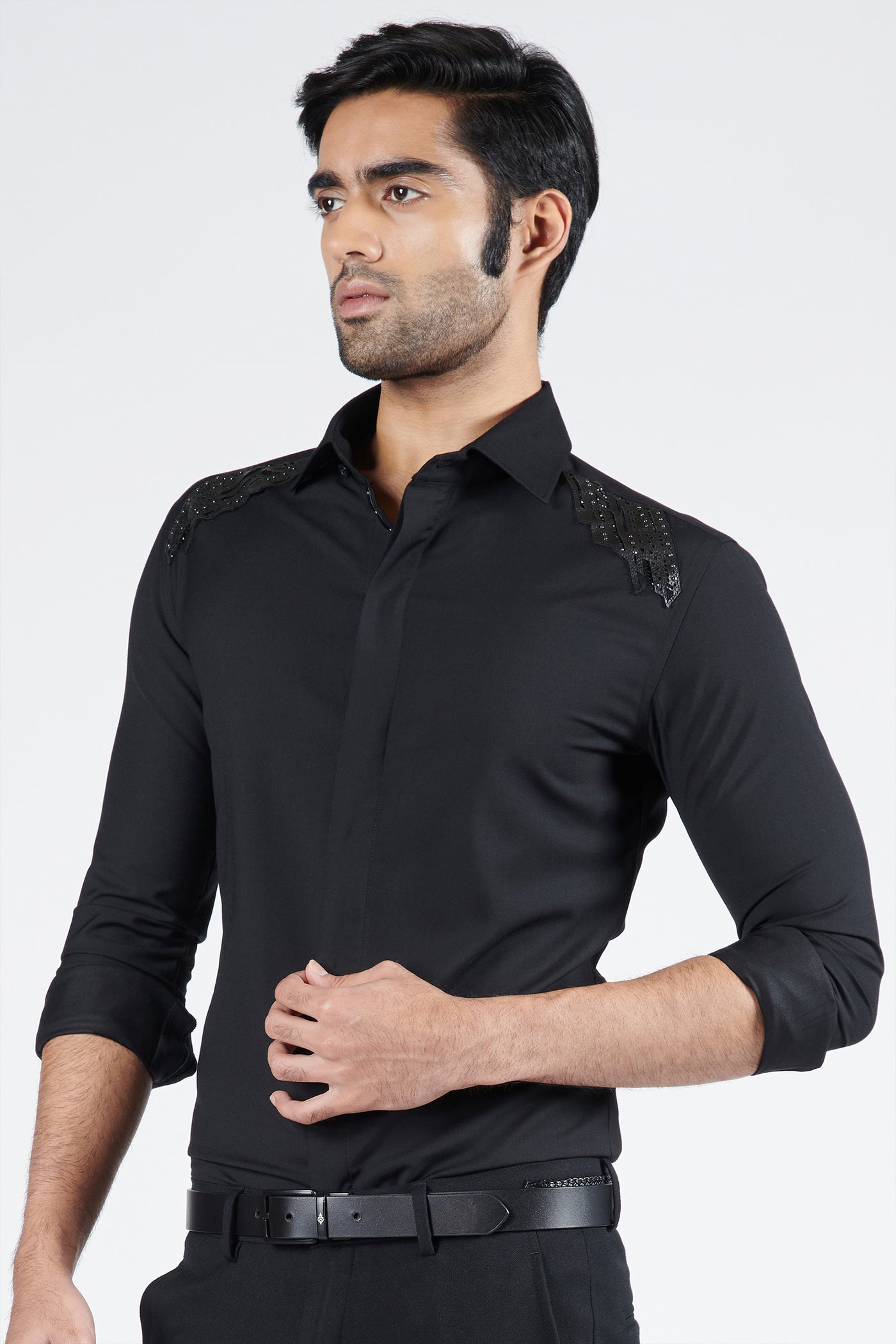 Shantanu & Nikhil Menswear Classic Black Shirt with 3D Patchwork indian designer wear online shopping melange singapore