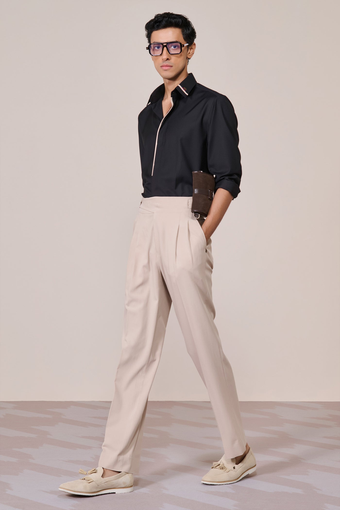 Shantanu & Nikhil Menswear Classic Black Shirt With Contrast Placket indian designer wear online shopping melange singapore