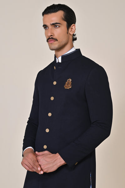Shantanu & Nikhil Menswear Classic Navy Crested Sherwani indian designer wear online shopping melange singapore