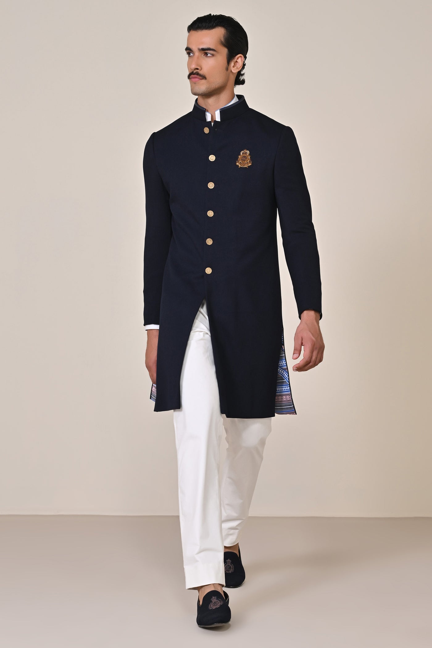 Shantanu & Nikhil Menswear Classic Navy Crested Sherwani indian designer wear online shopping melange singapore