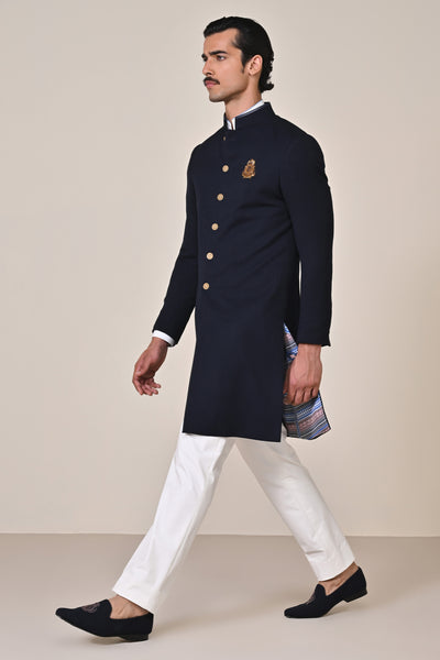 Shantanu & Nikhil Menswear Classic Navy Crested Sherwani indian designer wear online shopping melange singapore
